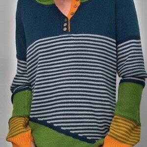 Striped Buttoned Color-block Knitted Top